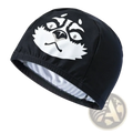 Black silicone swim cap for adults and kids featuring a bold white cartoon animal face design