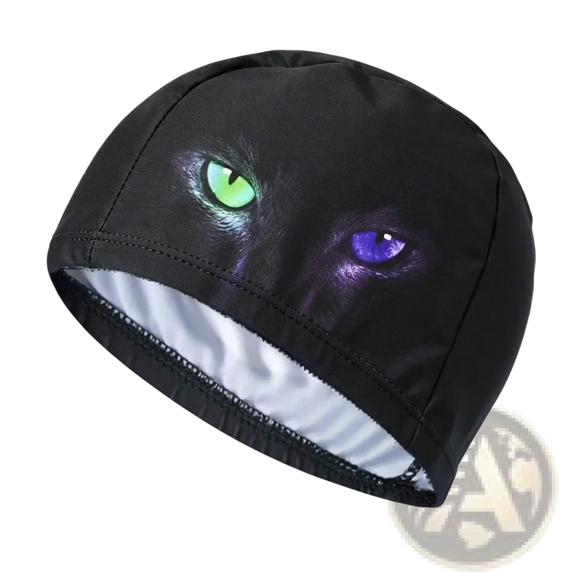 Black novelty cartoon animal swim cap for adults and kids with glowing green and purple cat eyes and white lining