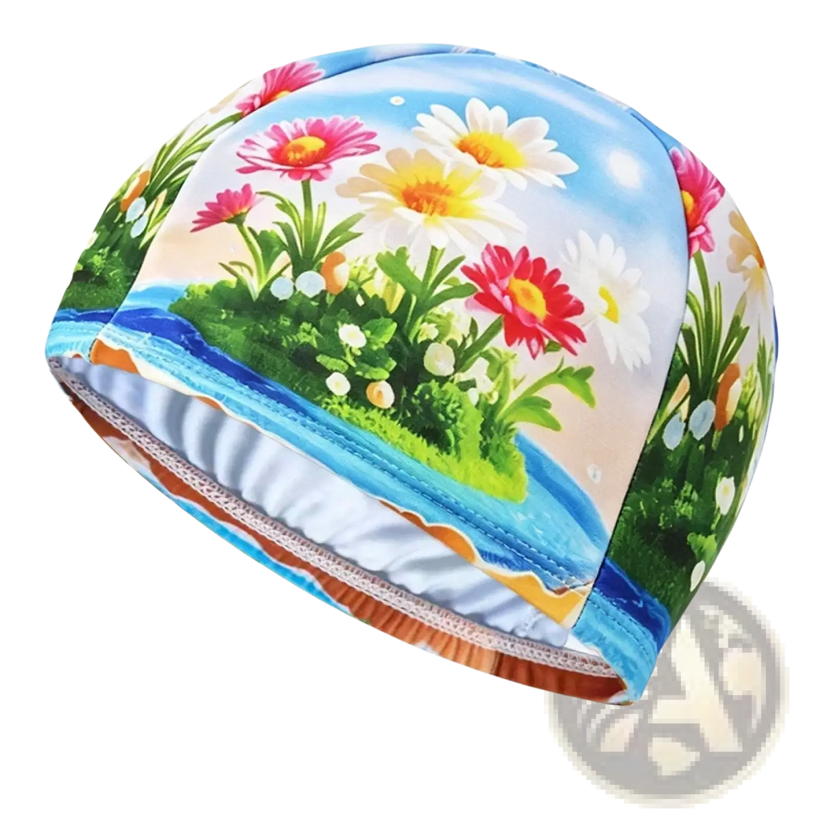 Novelty cartoon animal swim cap for adults and kids with vibrant floral print of pink daisies green foliage and blue water