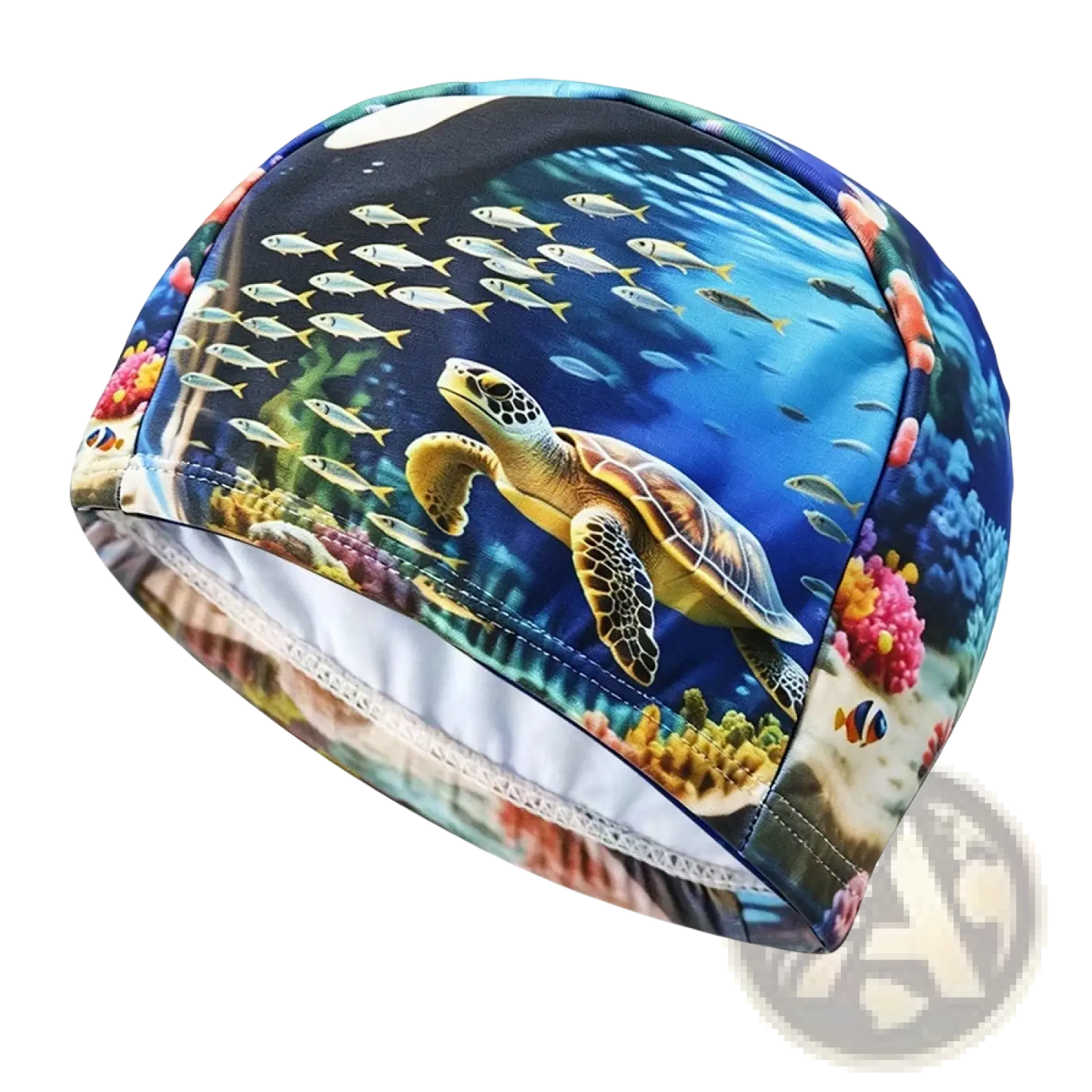 Novelty cartoon animal swim cap for adults and kids with vibrant sea turtle print and colorful coral reef design