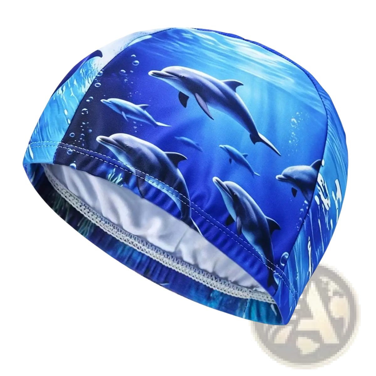 Novelty cartoon animal swim cap in blue with dolphin-themed vibrant underwater design and white interior lining for adults and kids