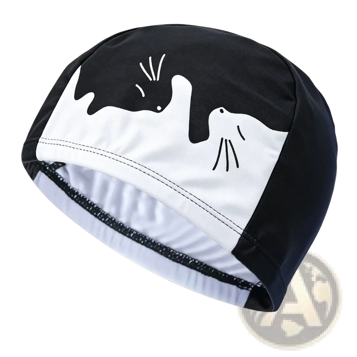 Black and white novelty cartoon animal swim cap for adults and kids featuring playful cat design with stylized whiskers