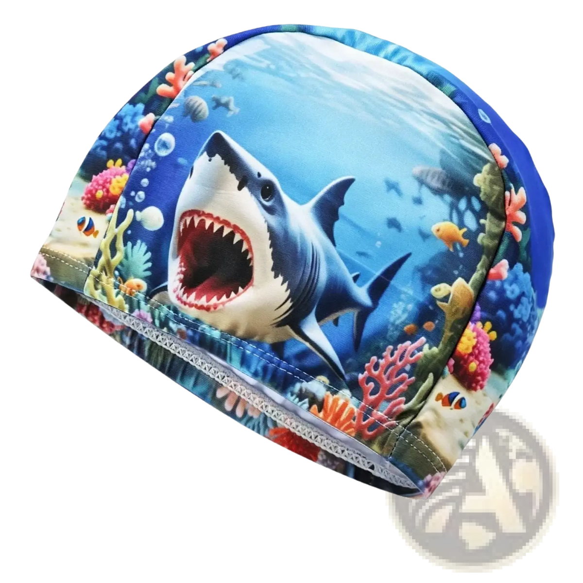 Novelty cartoon animal swim cap in vibrant blue featuring a shark and colorful coral reefs for adults and kids