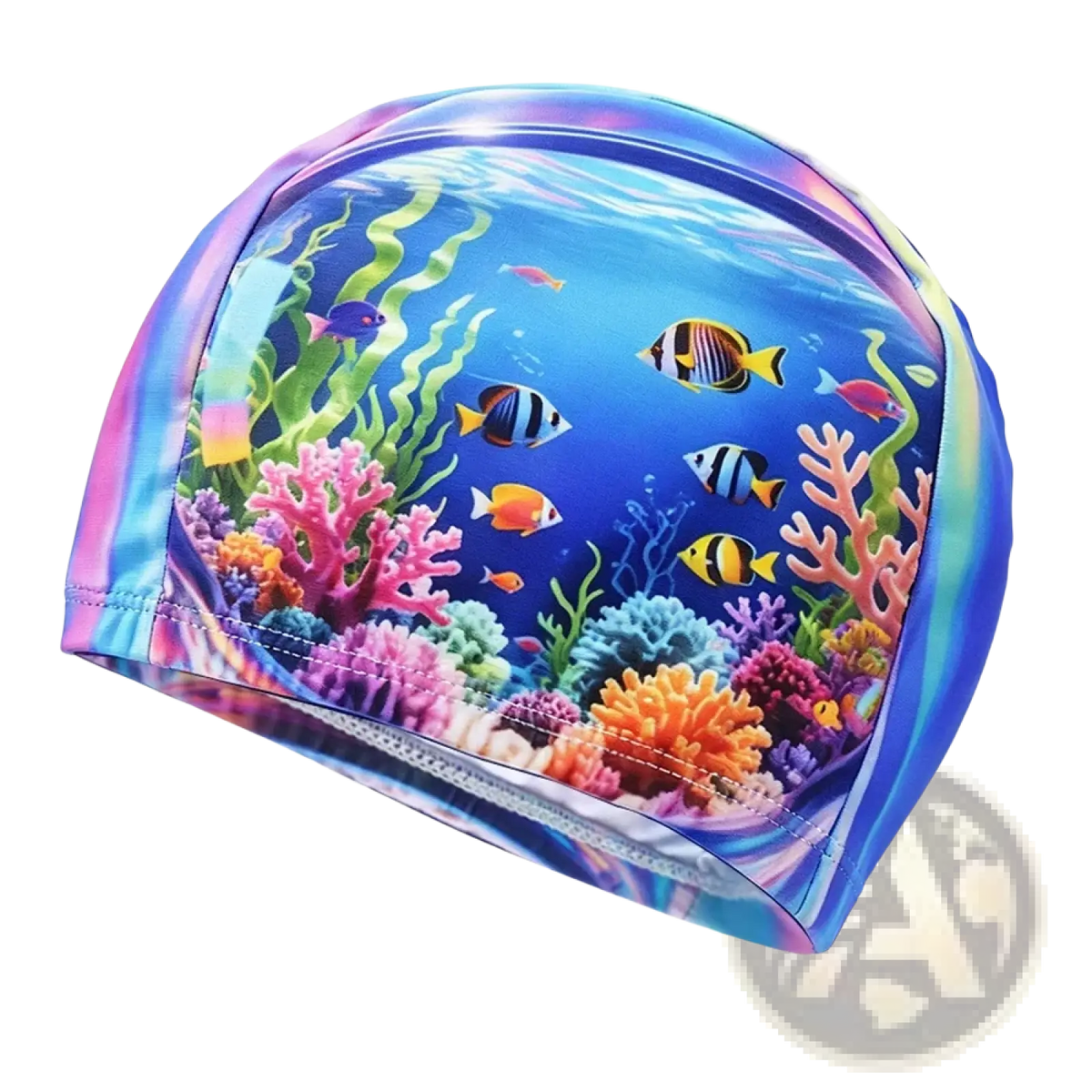 Novelty cartoon animal swim cap for adults and kids with vibrant coral reef design and iridescent blue and pink edges