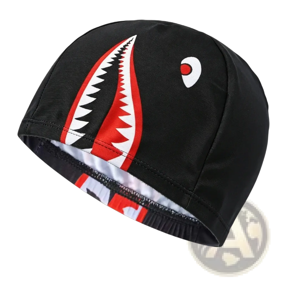 Black novelty cartoon animal swim cap for adults and kids featuring a bold red and white shark mouth graphic with an eye detail
