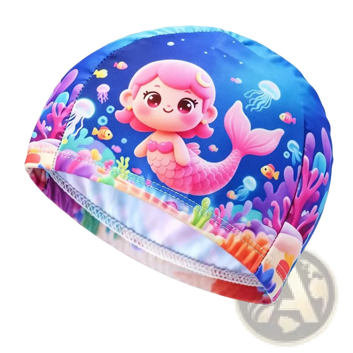 Novelty cartoon animal swim cap in vibrant blue featuring a pink mermaid and colorful coral for adults and kids