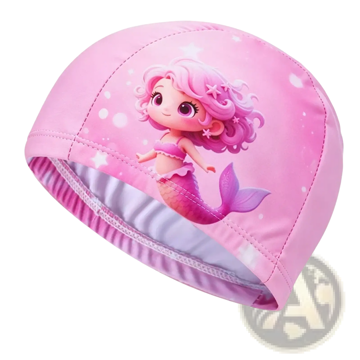 Pink mermaid-themed novelty cartoon animal swim cap for adults and kids featuring star details and a cartoon character