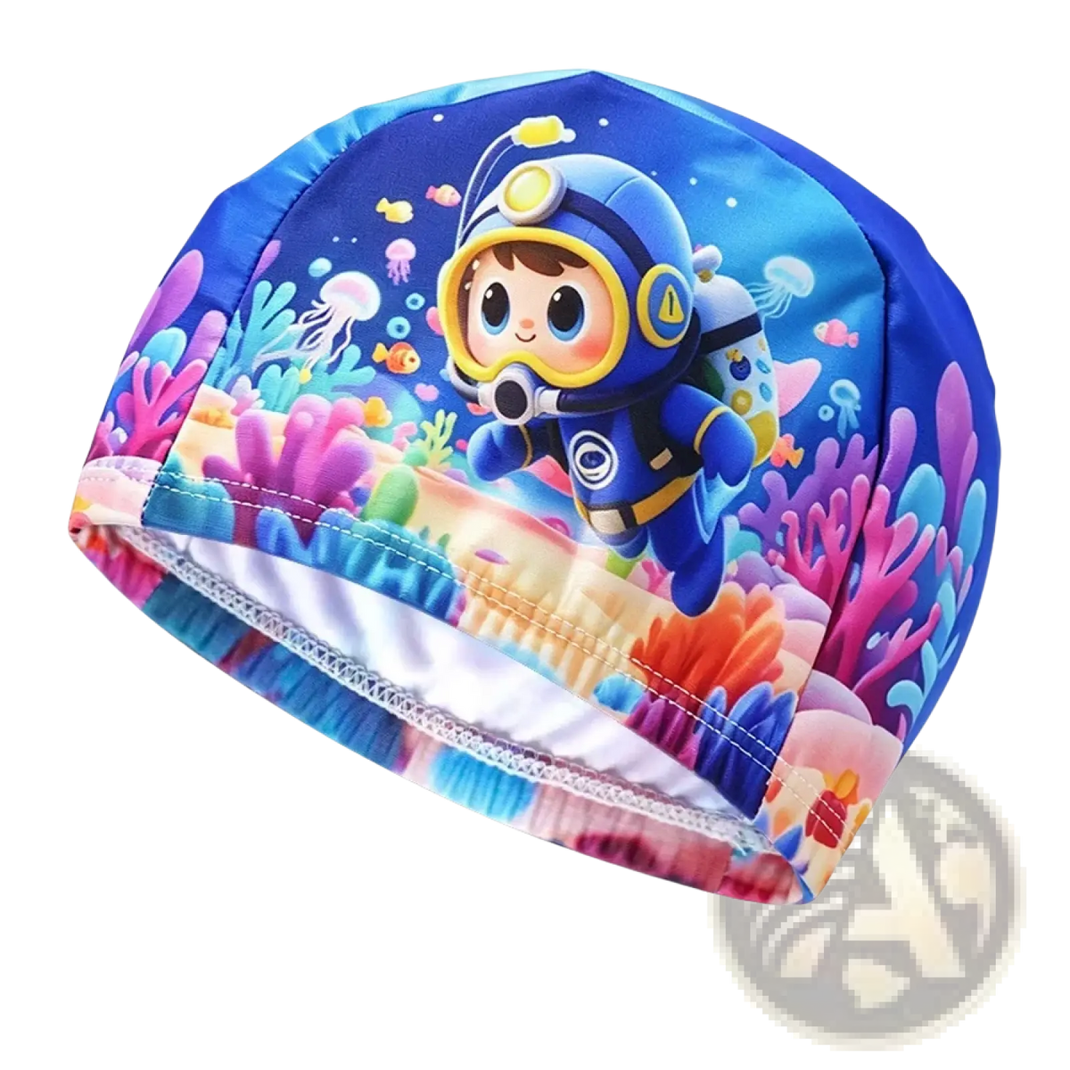 A vibrant blue novelty cartoon animal swim cap featuring a diver with coral and marine life for adults and kids