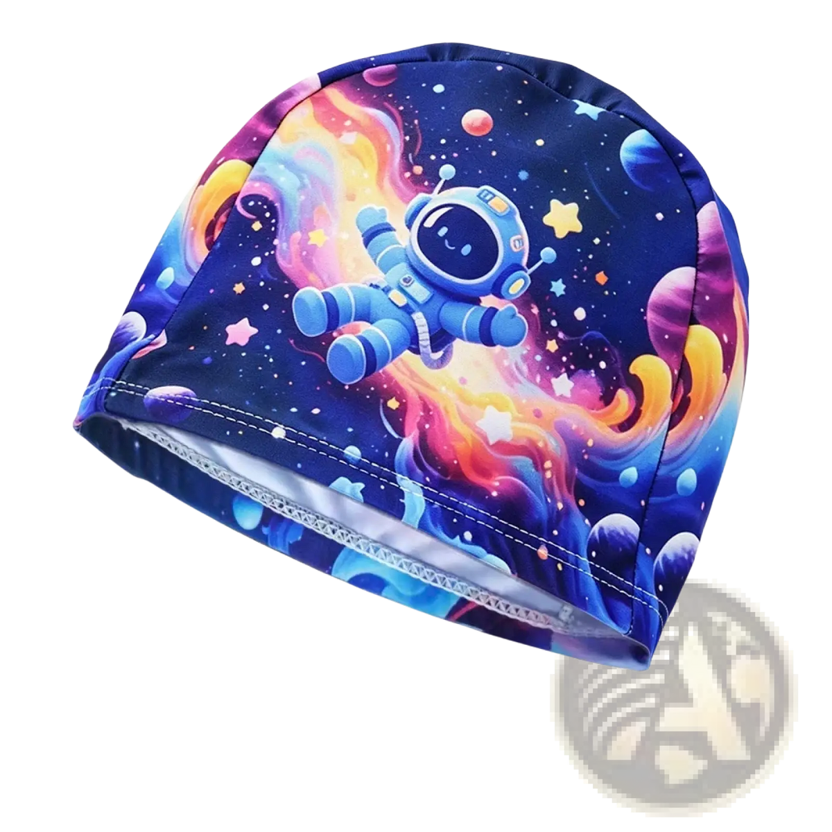 Novelty cartoon animal swim cap with vibrant cosmic design featuring a cheerful blue astronaut on purple nebulae