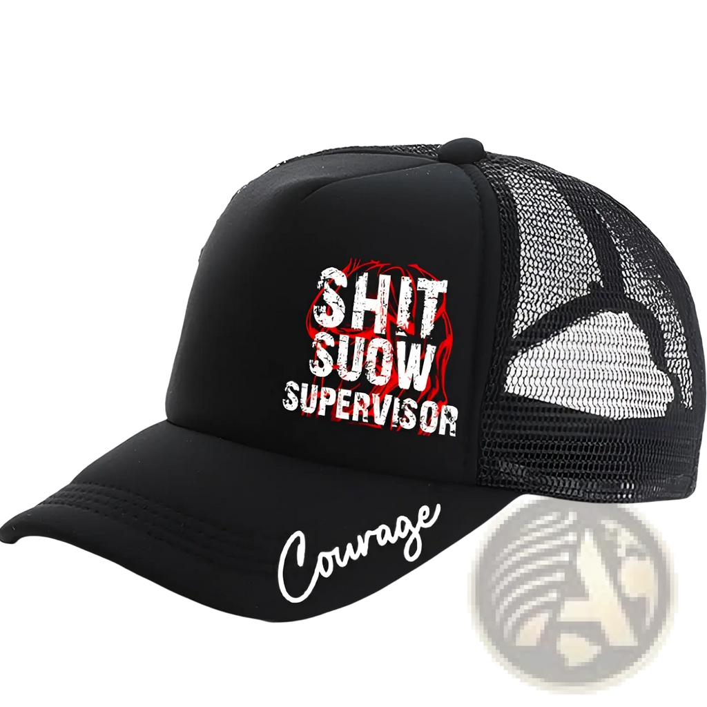 Black novelty supervisor trucker hat with mesh back and bold white and red embroidered text on front and brim