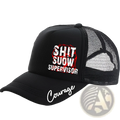 Black novelty supervisor trucker hat with mesh back and bold white and red embroidered text on front and brim
