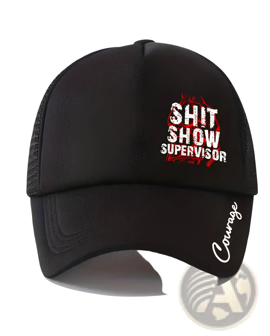 Black novelty supervisor trucker hat with mesh back and bold red and white shit show supervisor text front and courage script side