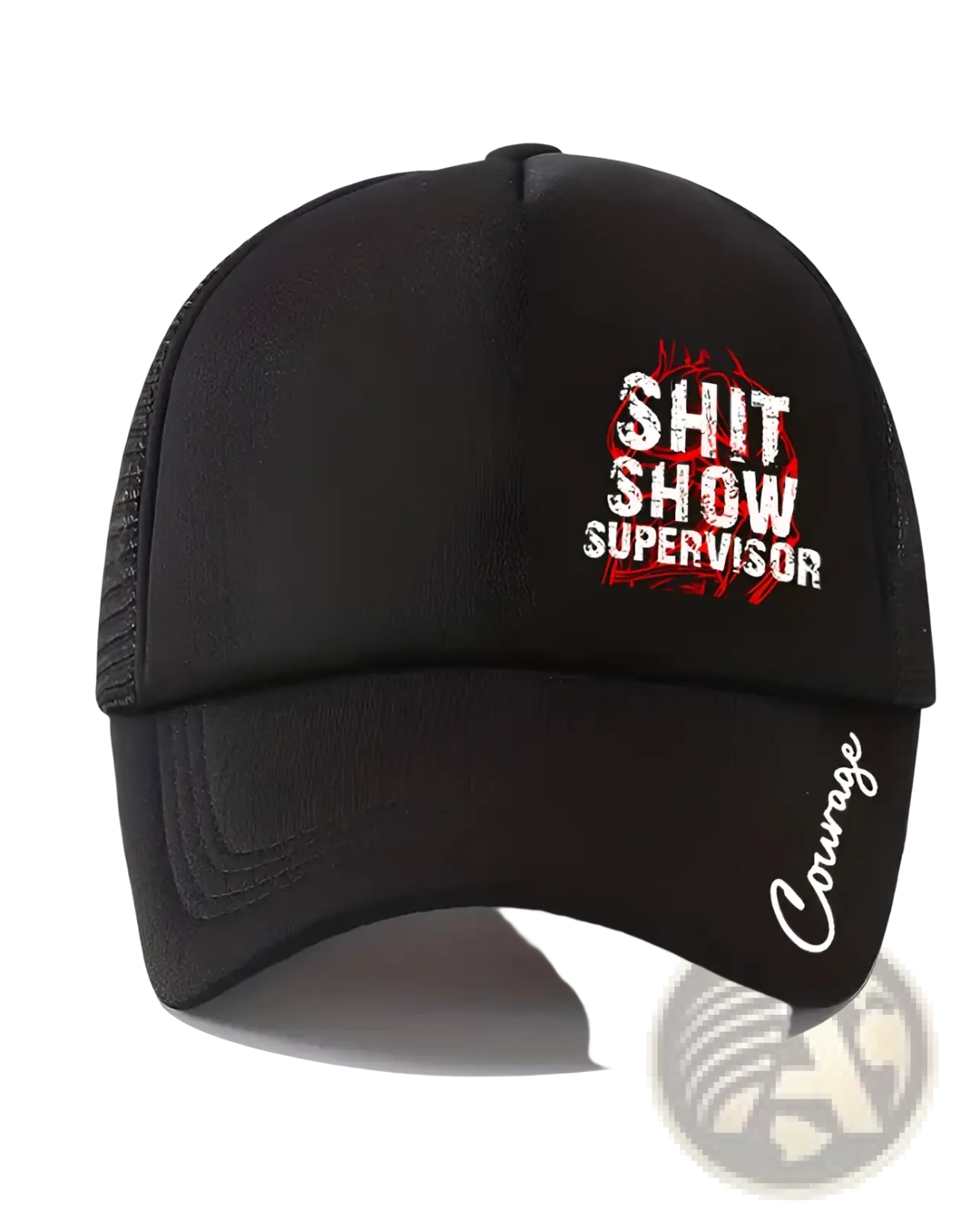 Black novelty supervisor trucker hat with mesh back and bold red and white shit show supervisor text front and courage script side