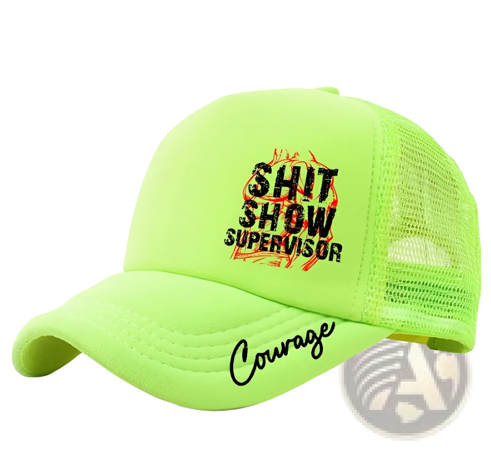 Neon green novelty supervisor trucker hat with black and orange embroidered text and cursive courage on brim