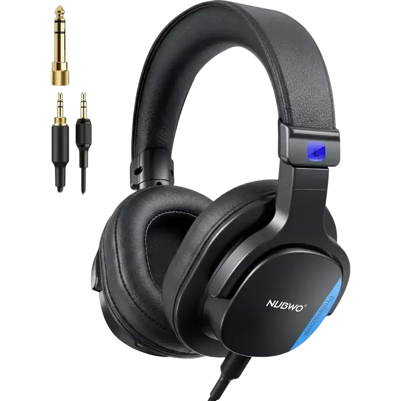 Black nubwo studio wired over ear headphones with matte finish and blue accent lighting designed for audio interfaces