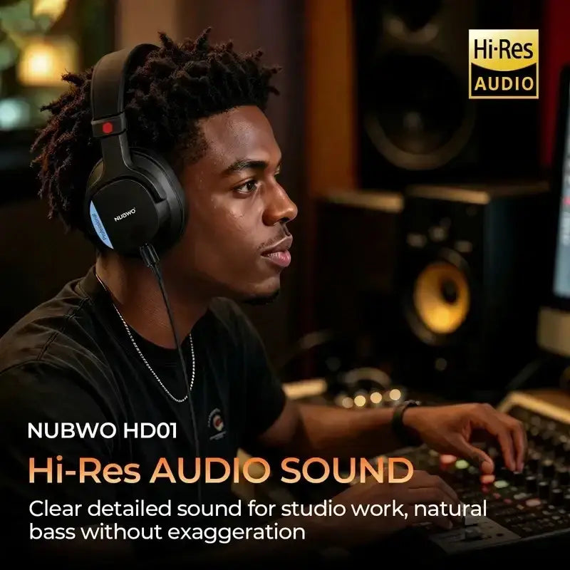 Black nubwo hd01 wired over ear studio headphones with red accent button and blue branding for audio interfaces