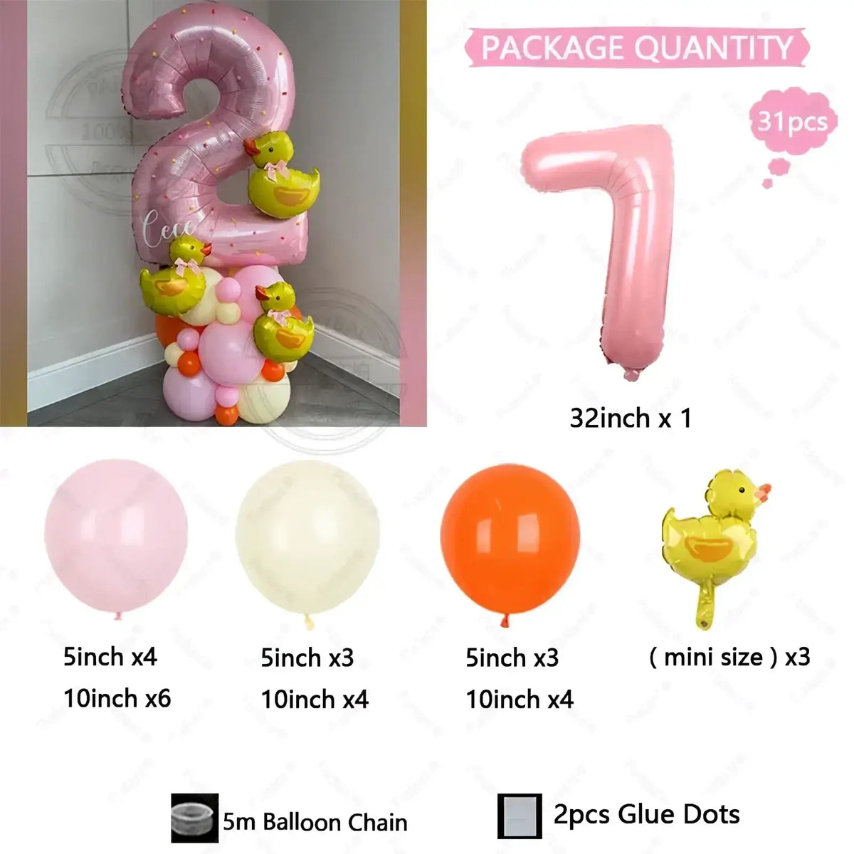 Pink metallic number two balloon with yellow duck decorations in a duck birthday balloon set for celebrations