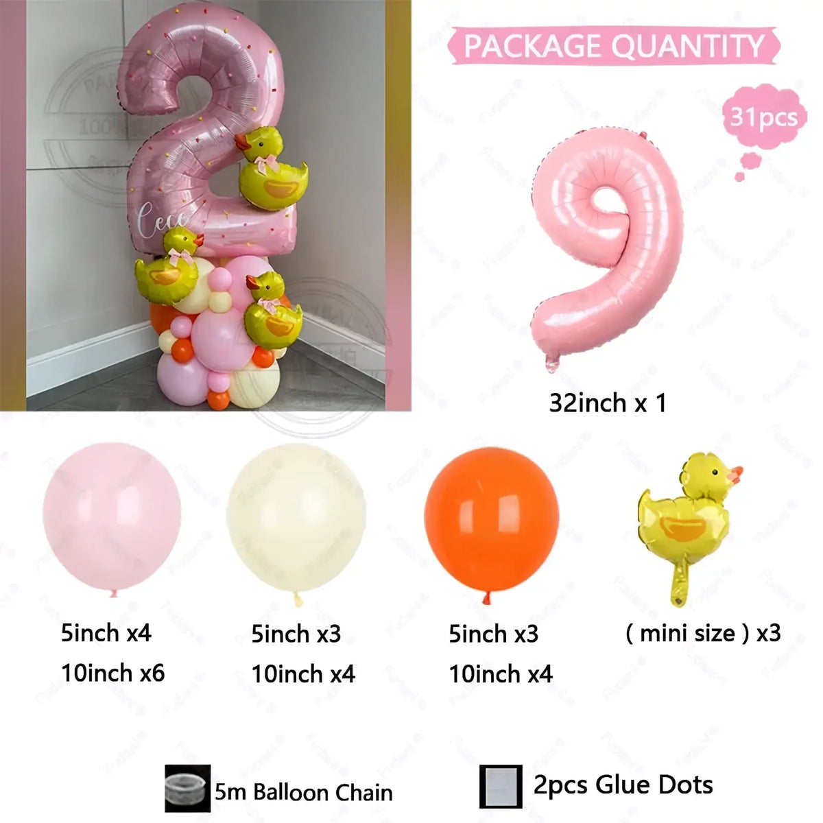 Pink metallic number 2 balloon decorated with yellow rubber ducks for birthday celebrations