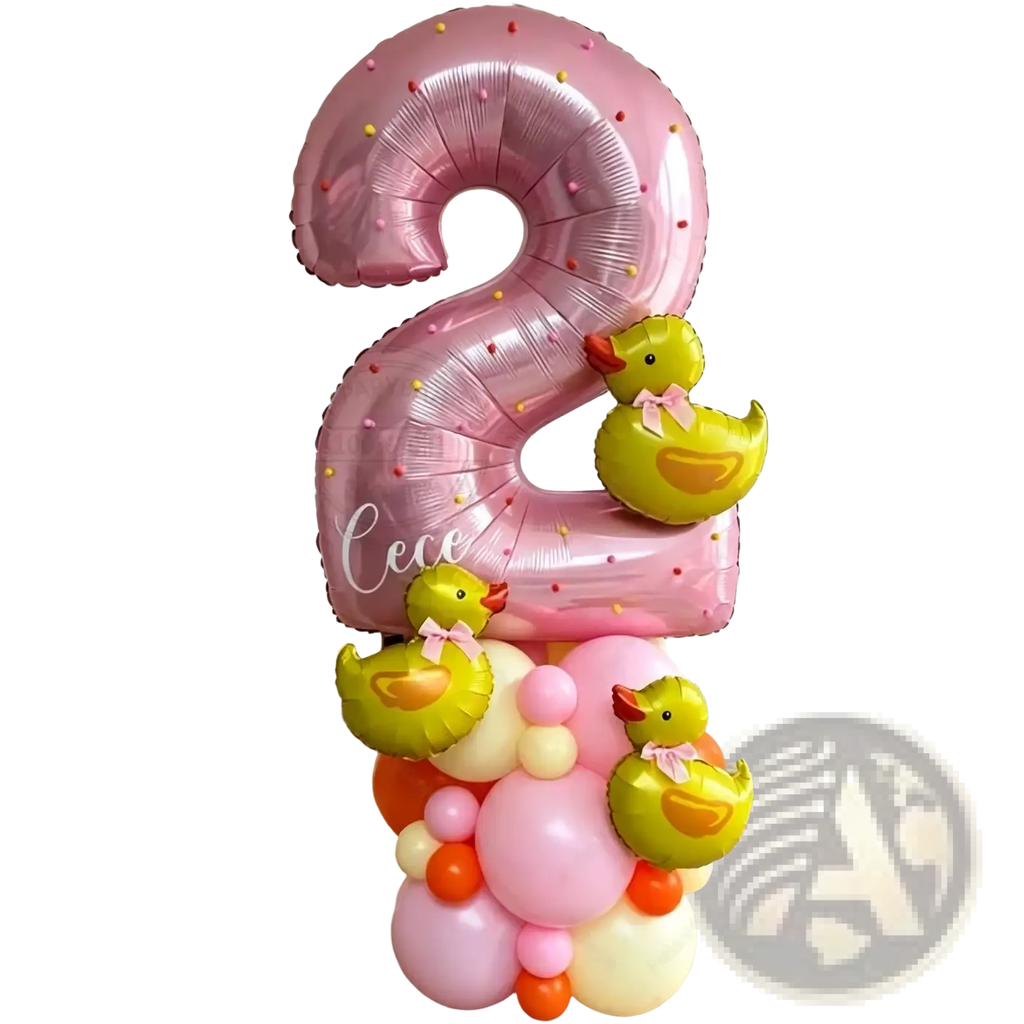 Pink metallic number 2 balloon with colorful dots and yellow rubber duck decorations from number 2 duck birthday balloon set