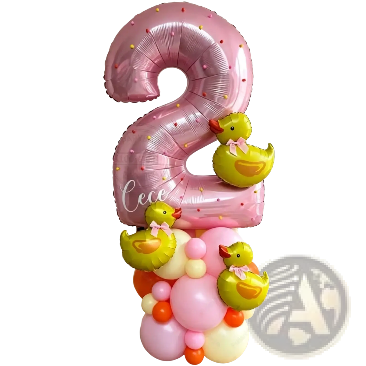 Pink metallic number 2 balloon with colorful dots and yellow rubber duck decorations from number 2 duck birthday balloon set