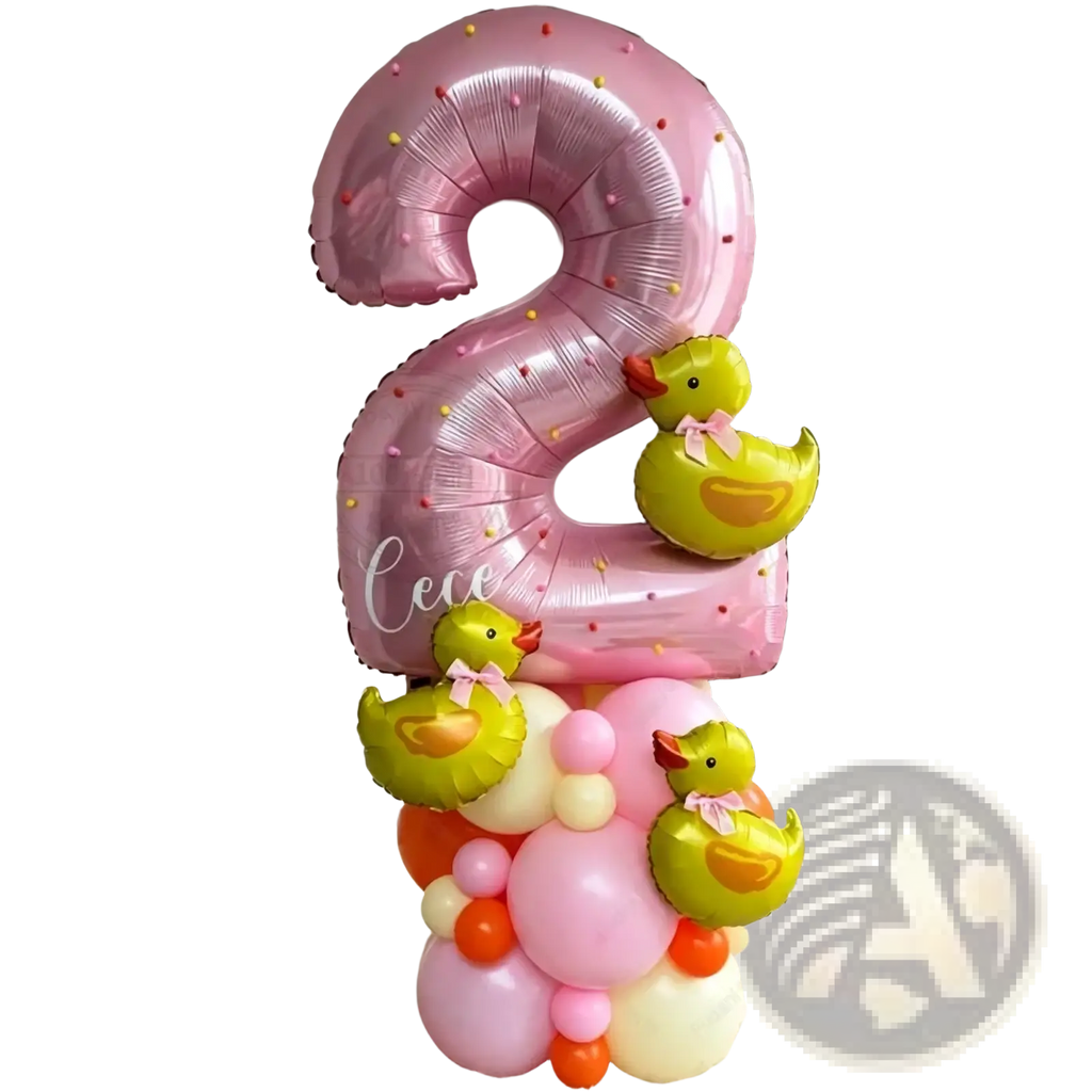 Pink number 2 balloon made of foil with yellow duck decorations for birthday celebrations