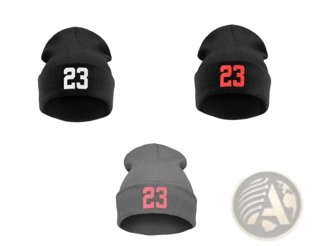 Black knit beanie with number 23 embroidered in white red or pink on the front for casual wear