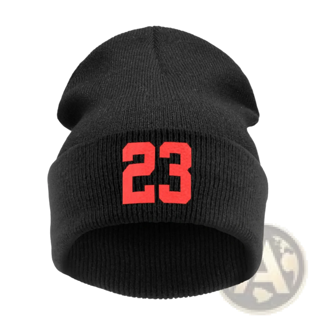 Black knit beanie with bold red embroidered number 23 on the front for stylish cold weather wear