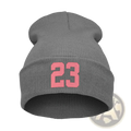 Gray knit beanie with pink embroidered number 23 on the front made of soft knit material for casual wear
