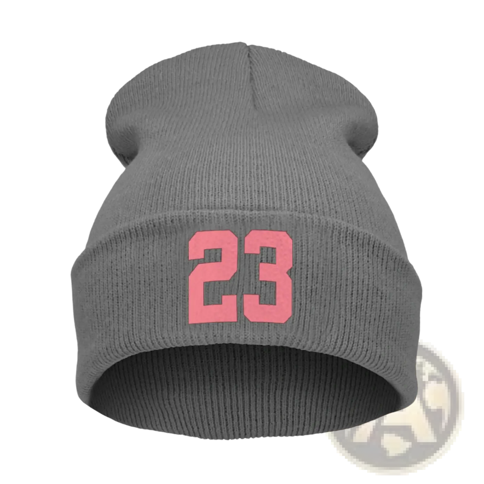 Gray knit beanie with pink embroidered number 23 on the front made of soft knit material for casual wear
