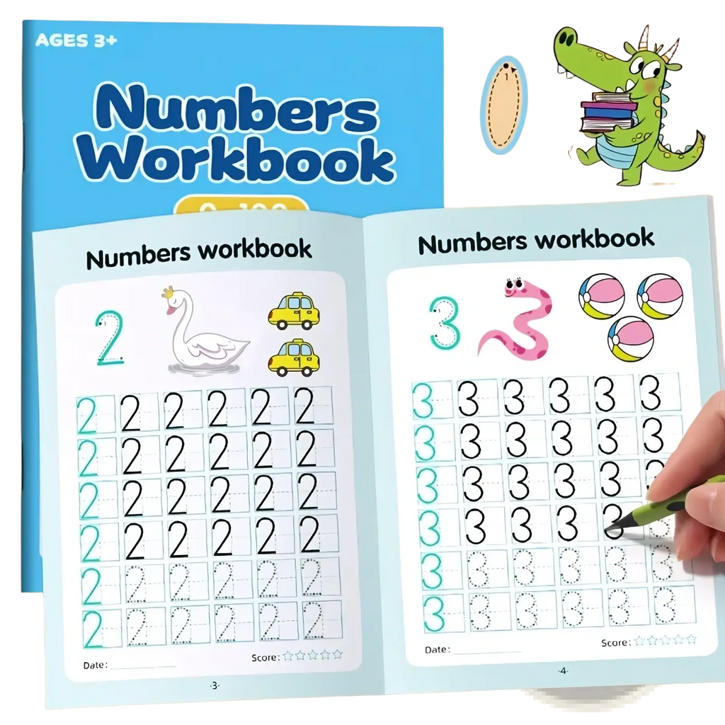 Blue numbers tracing and math practice workbook for ages 3 to 6 with colorful illustrations and tracing exercises