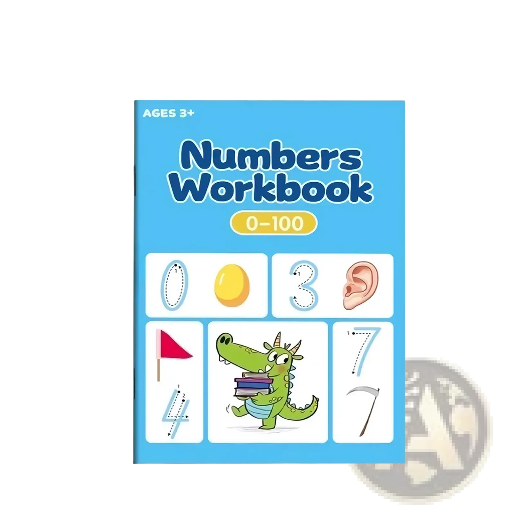 Blue numbers tracing and math practice workbook ages 3 to 6 featuring numbers 0 to 100 with cartoon green dragon illustrations