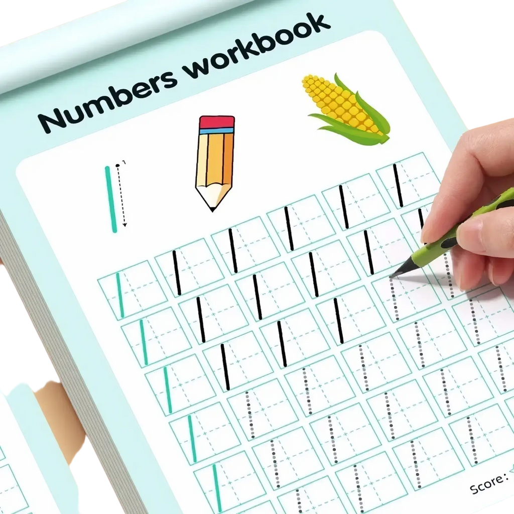 Light blue numbers tracing and math practice workbook for ages 3 to 6 with grid lines pencil and corn illustration