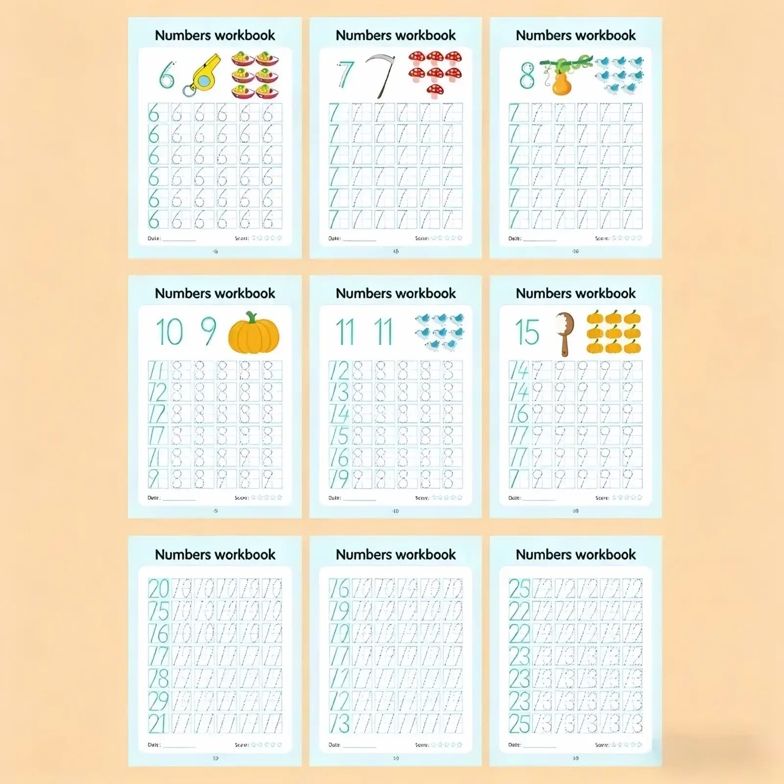 Light blue children’s numbers tracing and math practice workbook pages with colorful illustrations and dotted lines