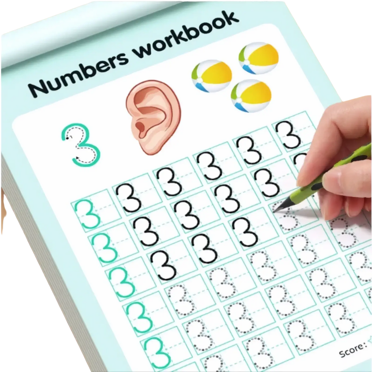 A light blue numbers workbook page with cartoon ear beach balls and grids for tracing number 3 in black ink