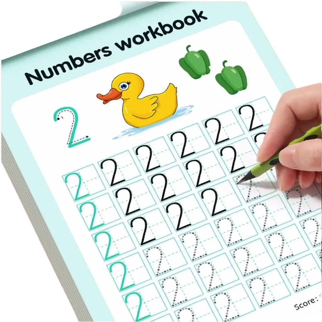 Yellow rubber duck illustration on a light blue numbers tracing workbook page for ages 3 to 6 math practice