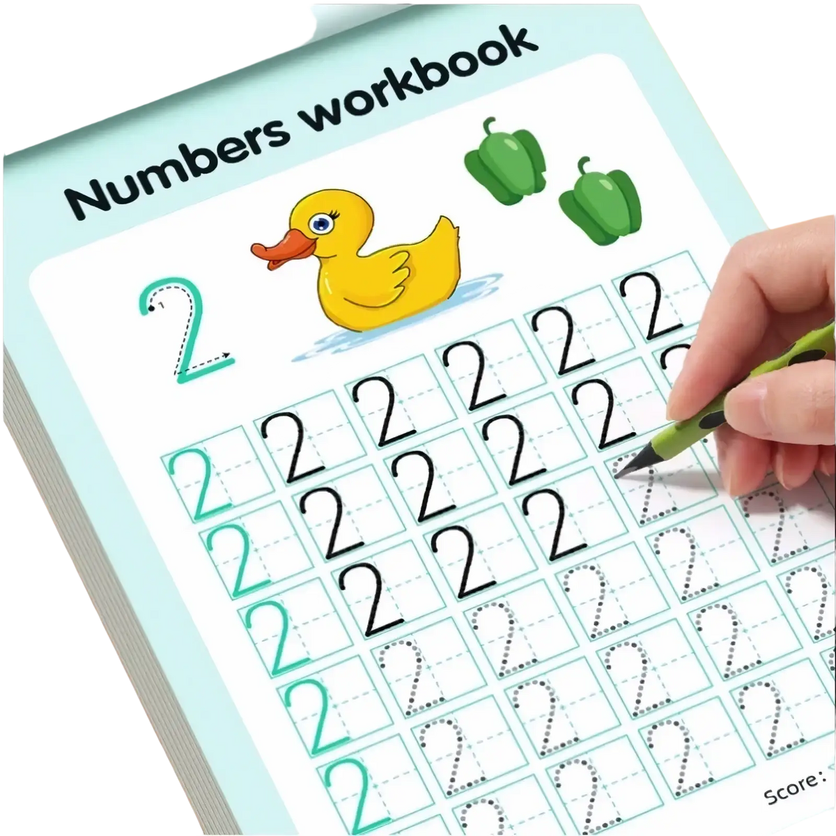 Yellow rubber duck illustration on a light blue numbers tracing workbook page for ages 3 to 6 math practice