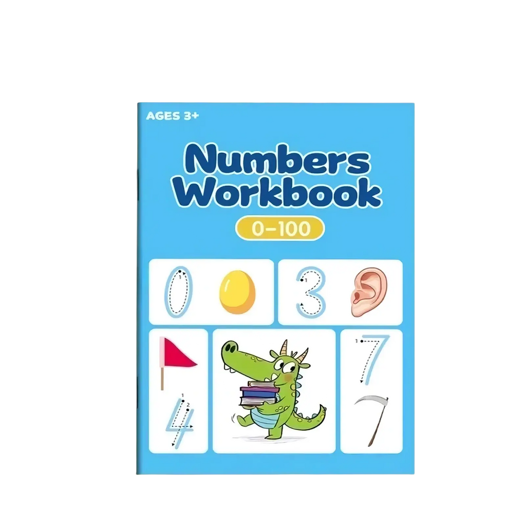Blue numbers tracing and math practice workbook ages 3 to 6 featuring numbers 0 to 100 with cartoon green dragon illustrations