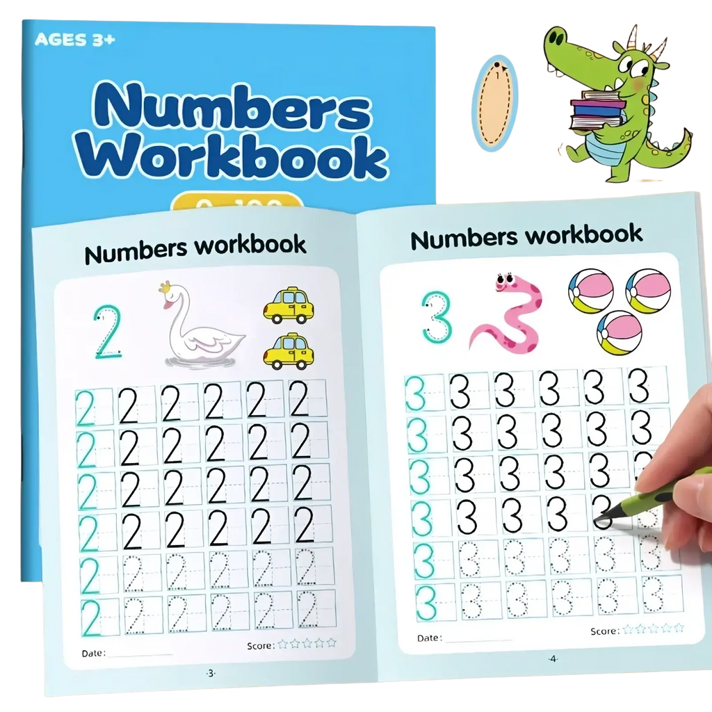Blue numbers tracing and math practice workbook for ages 3 to 6 with colorful illustrations and tracing exercises