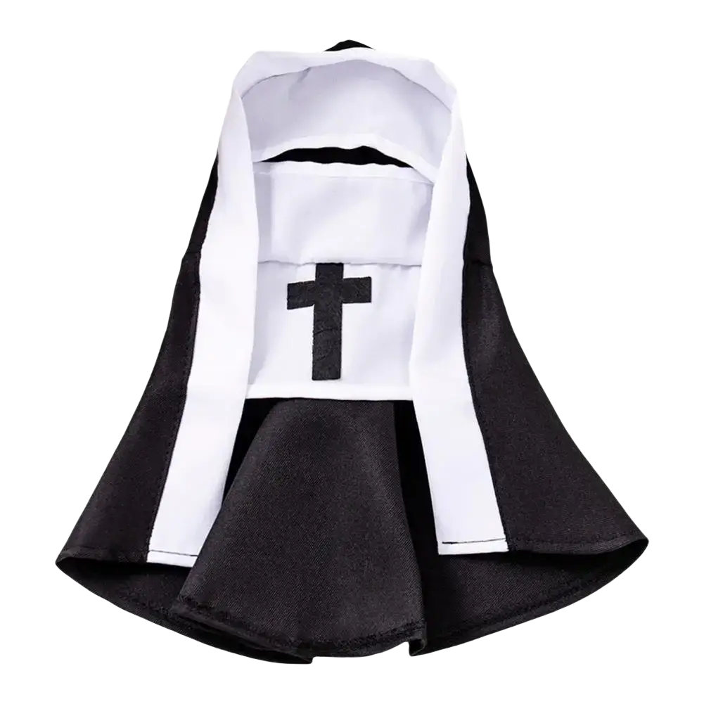Black and white nun costume for pets and medium dogs with a cross emblem on the front for festive pet costume use