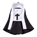 Black and white nun costume for pets and medium dogs with a cross emblem on the front for festive pet costume use