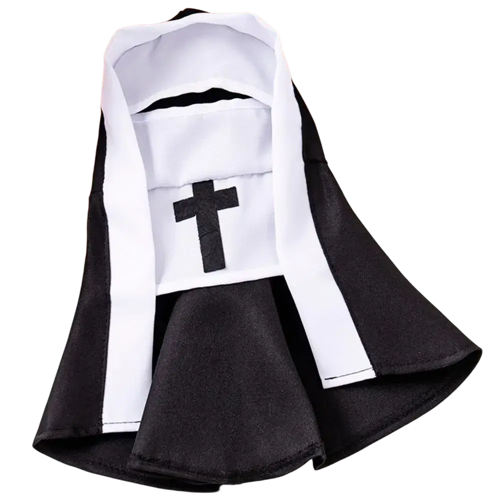 Black and white nun costume for pets with cross emblem on chest designed for medium dogs as a pet costume