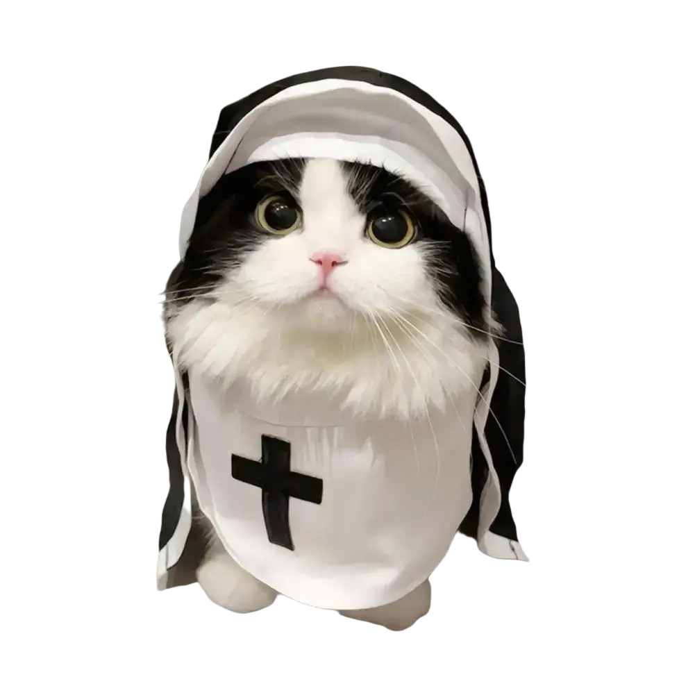 A fluffy black and white cat wearing a hooded nun costume with a white robe and black cross emblem for medium dogs pet costume