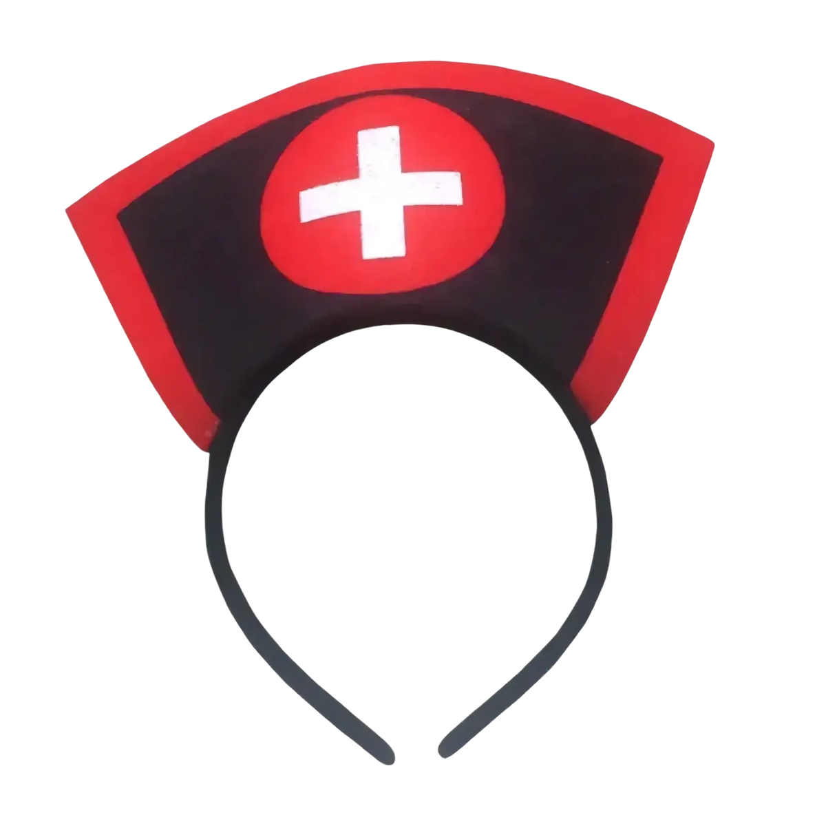 Red and black nurse costume headband with a white cross emblem for halloween hair hoop accessory