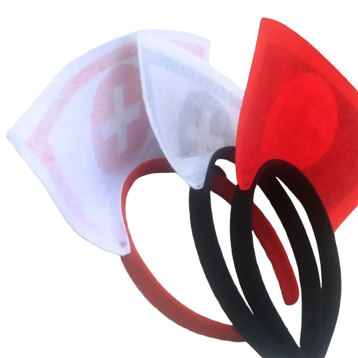 Red and white felt nurse costume headband with black and red elastic bands for halloween hair hoop accessory
