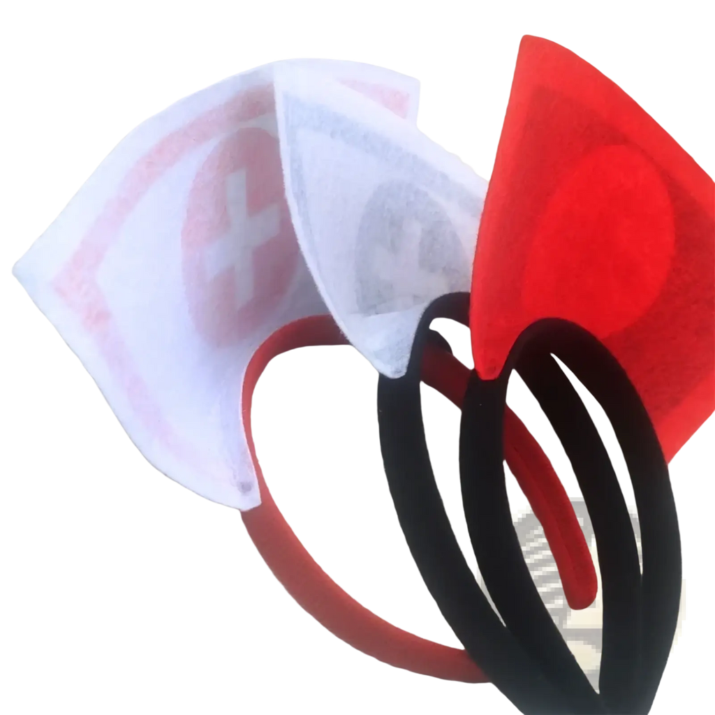 Red and white felt nurse costume headband with black and red elastic bands for halloween hair hoop accessory