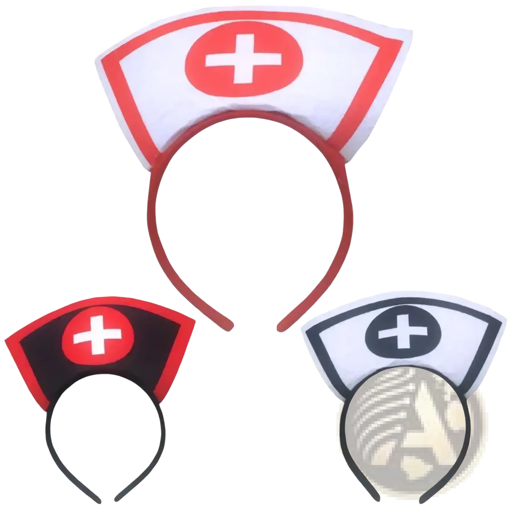 Three nurse costume headbands with soft fabric caps, red or black border, and white cross emblem for Halloween