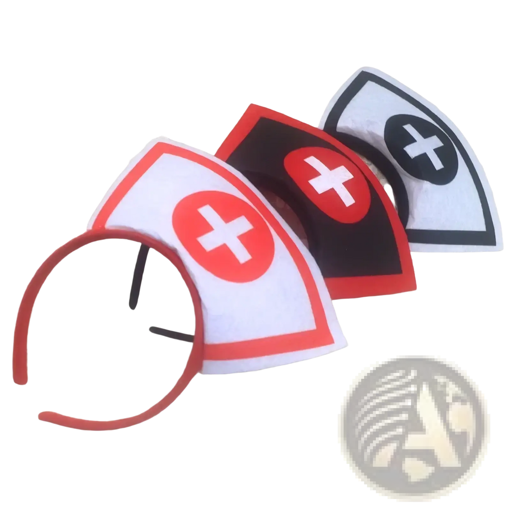 Three nurse costume headbands with shield-shaped felt caps featuring red or black borders and white cross emblems