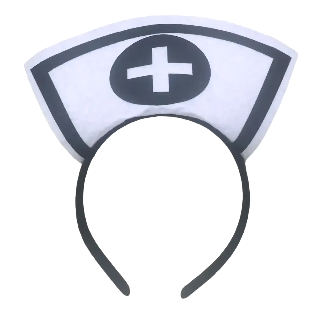 White nurse costume headband with black cross emblem and trim suitable for halloween hair hoop accessory