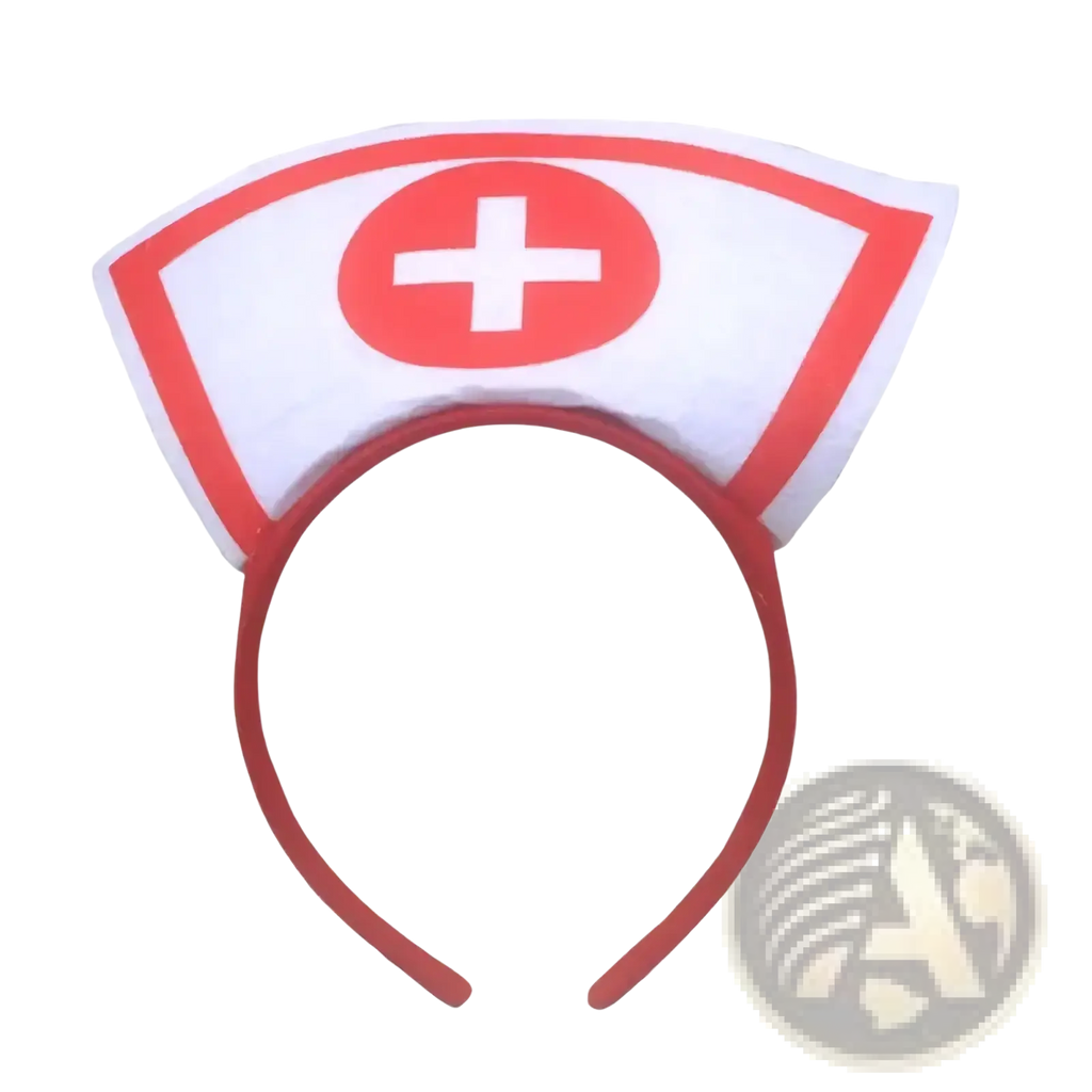 Nurse costume headband with white and red fabric nurse hat and circular emblem featuring a white cross on red background