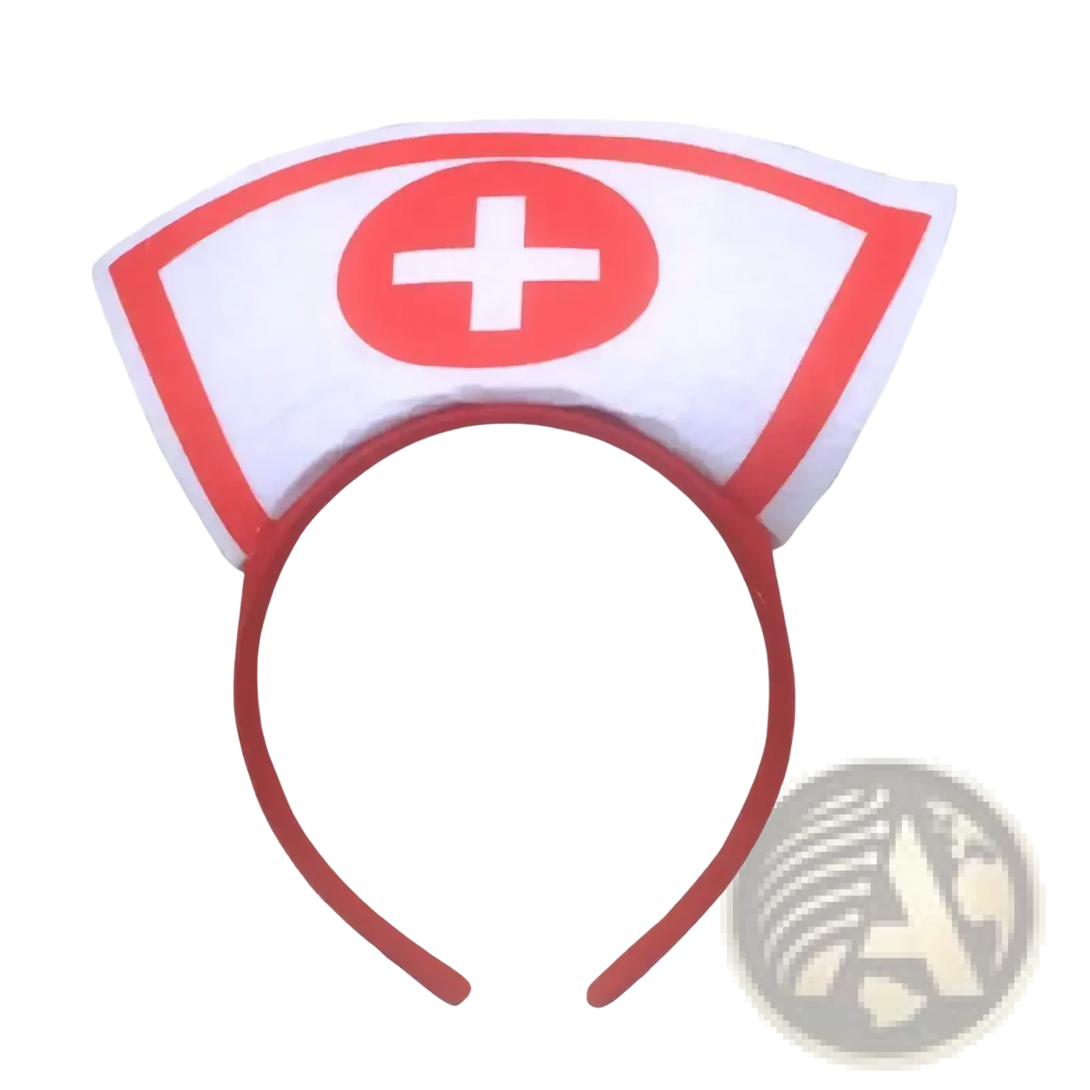 Nurse costume headband with white and red fabric nurse hat and circular emblem featuring a white cross on red background